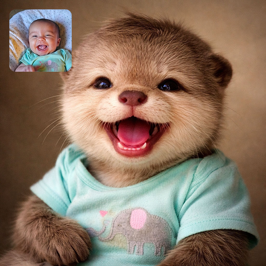 A joyful baby with a big open-mouthed smile, wearing a green shirt with an elephant print, lying on a white blanket with black dots, radiating pure happiness and cuteness.