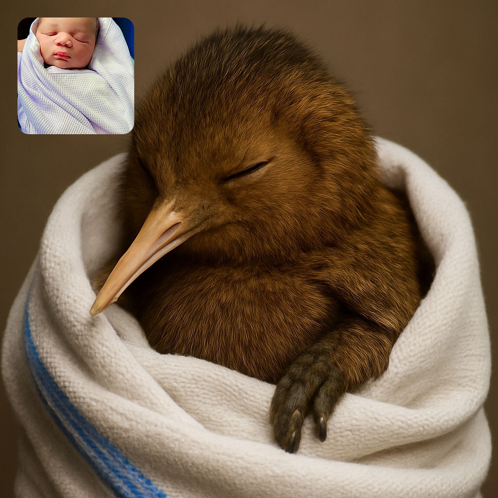 A peacefully sleeping newborn wrapped snugly in a textured white blanket, held gently with a soft blue background. The photo is overlaid with a large digital clock and date, giving it a cozy yet modern feel.