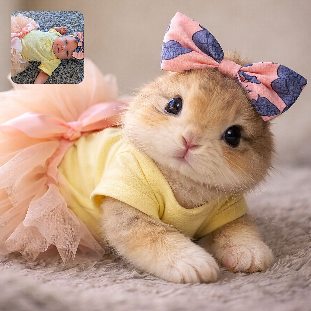 A charming baby lies on a fluffy gray rug, dressed in a pastel yellow onesie with a delicate pink tutu and a large bow headband, looking curiously at the camera with bright eyes and a slight smile.