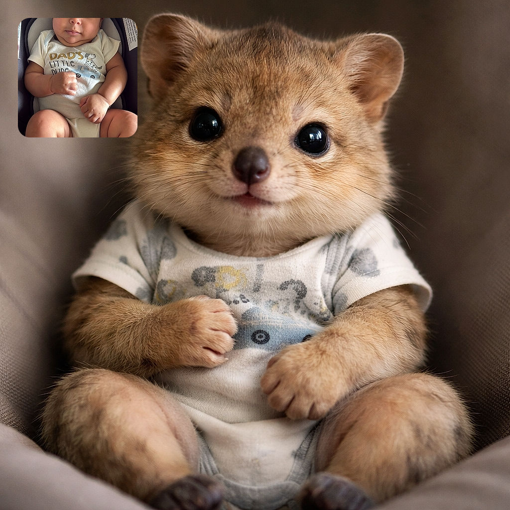 A chubby-cheeked baby lounges in a car seat, eyes wide and curious, tiny fists clenched like a determined superhero — sporting a 'Dad's little dude' onesie while safety warning stickers peek from the sides.