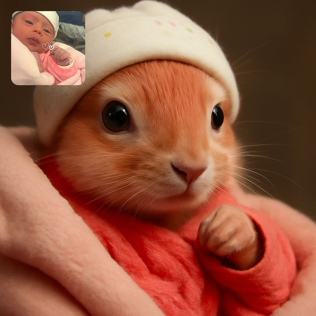 A cozy newborn wrapped in a soft pink blanket and wearing a cute floral hat, gazing curiously at the camera with tiny fists near the face; two simple white heart doodles add a touch of love to this tender moment.