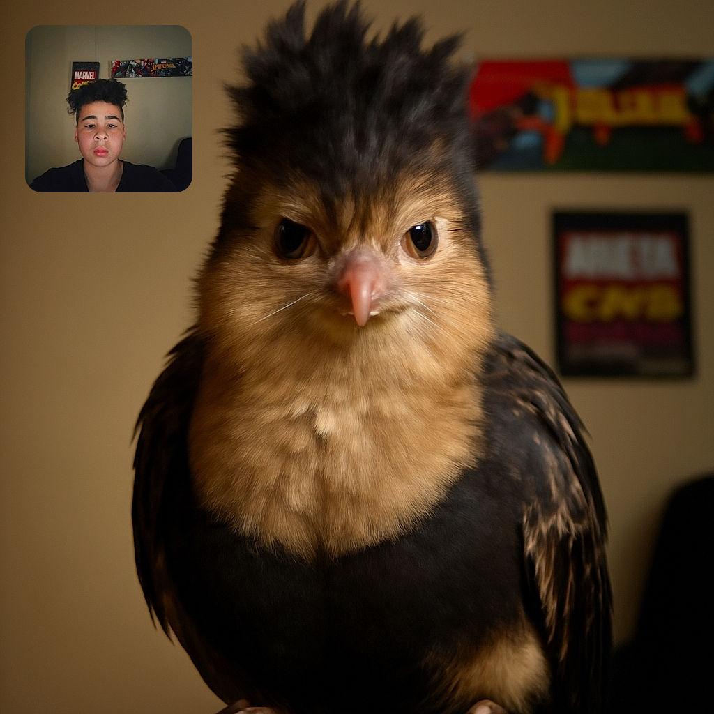 A young person with curly hair and a serious expression poses indoors against a beige wall decorated with Marvel and Spider-Man posters. The lighting is dim, giving the photo a moody vibe.