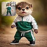 A confident toddler in a green and white tracksuit is taking a bold stroll down a quiet urban sidewalk, with a curious smile and tousled hair, framed by a softly blurred background of buildings and trees.