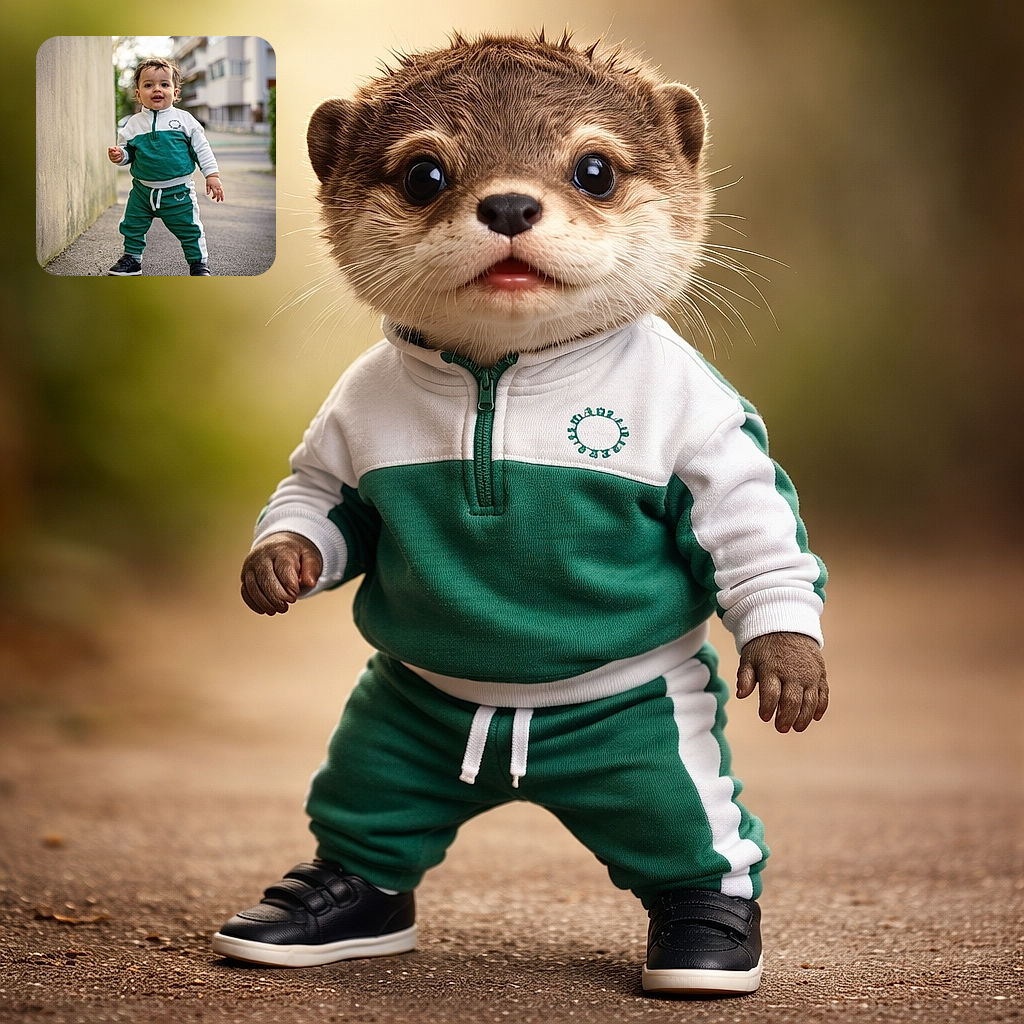 A confident toddler in a green and white tracksuit is taking a bold stroll down a quiet urban sidewalk, with a curious smile and tousled hair, framed by a softly blurred background of buildings and trees.