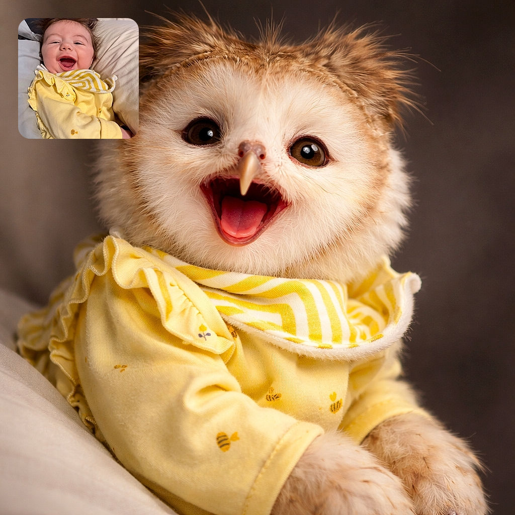 A joyful baby with tousled hair and a wide open smile, dressed in a bright yellow outfit with cute bee patterns, snuggled comfortably among soft pillows, radiating pure happiness and warmth.