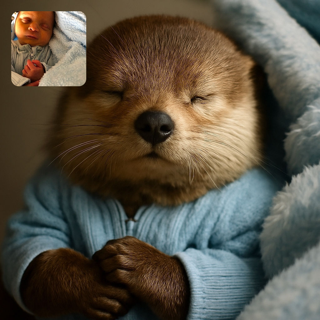 A peaceful sleeping baby wrapped snugly in a soft blue blanket, wearing a cozy zip-up outfit with tiny hands gently clasped together, radiating pure innocence and calm.