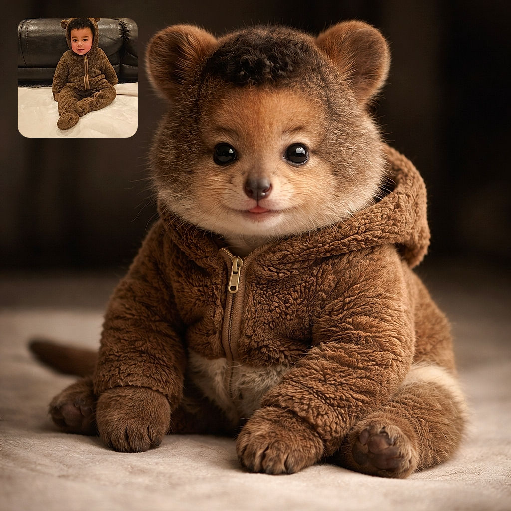 A cute toddler dressed in an adorable fuzzy bear onesie sits comfortably on a soft cream blanket in front of a dark leather couch adorned with decorative pillows, one featuring a white pumpkin design. The child's curious eyes and rosy cheeks add warmth to the cozy indoor scene.