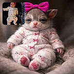 A peacefully sleeping baby dressed in a cozy white onesie with playful animal prints and a bright pink bow headband, lying on a dark background with soft lighting highlighting the serene expression.