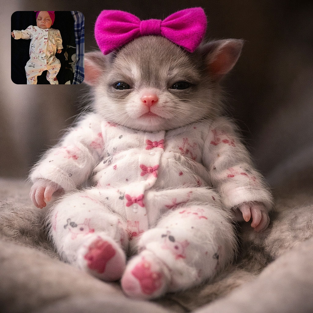 A peacefully sleeping baby dressed in a cozy white onesie with playful animal prints and a bright pink bow headband, lying on a dark background with soft lighting highlighting the serene expression.
