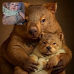 A close-up photo of a chubby baby being held by an adult with visible tattoos. The baby looks calm and curious, dressed in a light-colored outfit with a faint design. The image is slightly blurry but captures a tender moment.