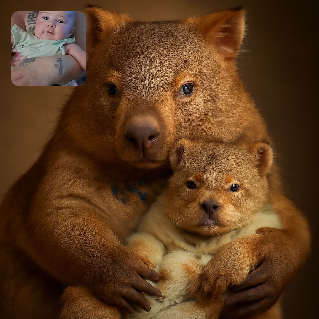 A close-up photo of a chubby baby being held by an adult with visible tattoos. The baby looks calm and curious, dressed in a light-colored outfit with a faint design. The image is slightly blurry but captures a tender moment.