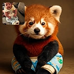 A chubby-cheeked baby is being held upright on a cozy couch, wearing a cute lion-themed outfit with blue pants covered in animal prints. The baby's wide-eyed expression and soft lighting make for a warm and candid snapshot, while a TV remote rests nearby on the couch.