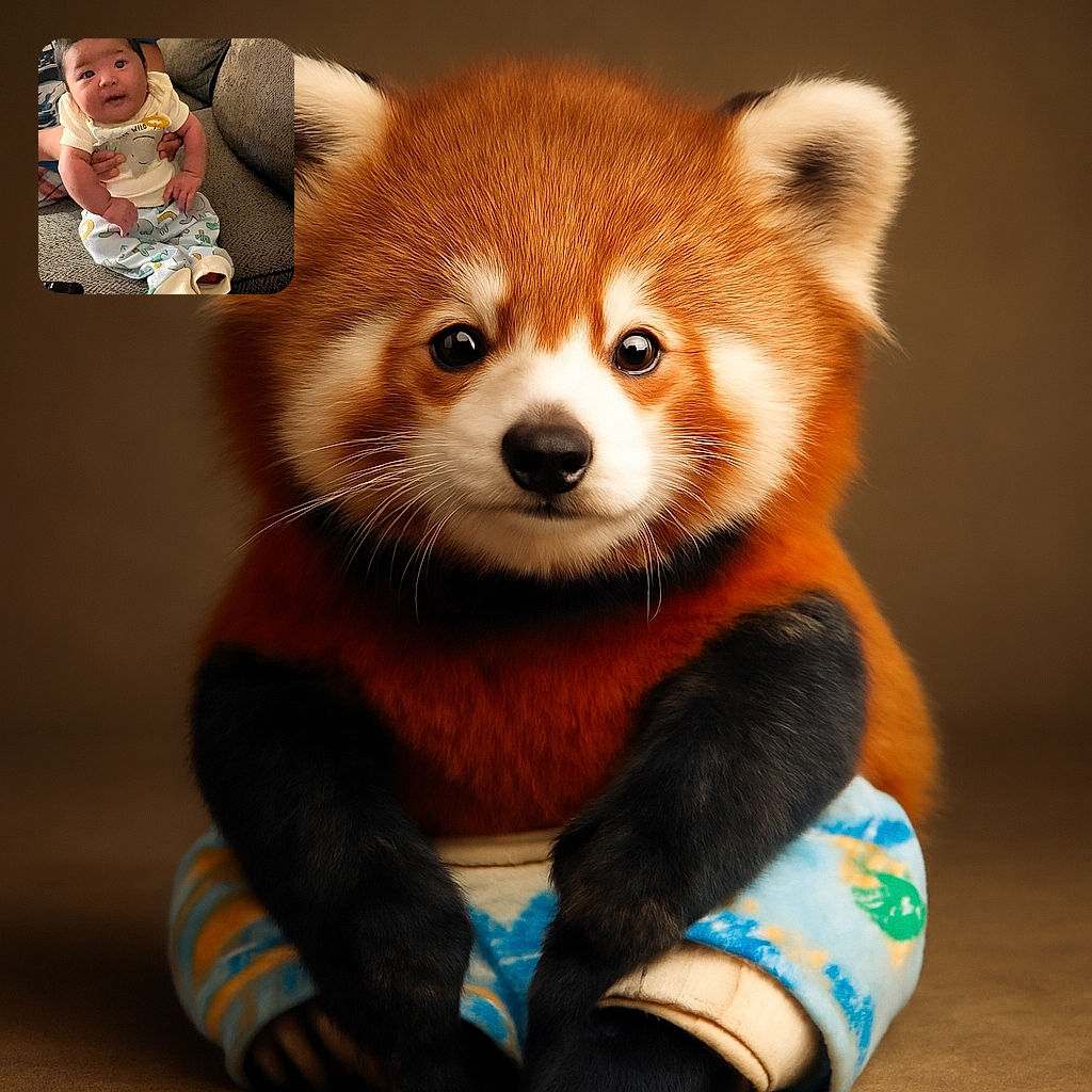 A chubby-cheeked baby is being held upright on a cozy couch, wearing a cute lion-themed outfit with blue pants covered in animal prints. The baby's wide-eyed expression and soft lighting make for a warm and candid snapshot, while a TV remote rests nearby on the couch.