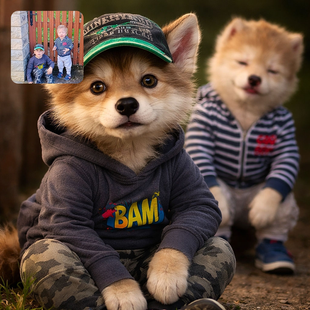 Two little rascals in front of a wooden gate — one sitting solemn in a camo set and cap, the other standing mid-squint/stick-out-tongue like he just tasted a lemon. Stone pillar, mossy step and grass complete the backyard scene; pure chaotic charm.
