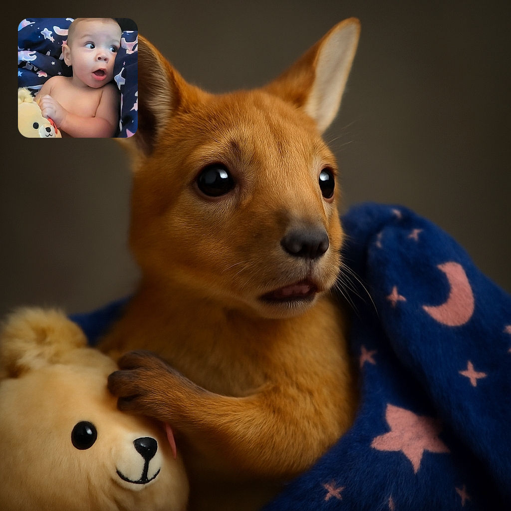A surprised baby clutching a cute stuffed animal, wrapped in a starry blanket with a dark background, capturing a candid moment of wide-eyed wonder.