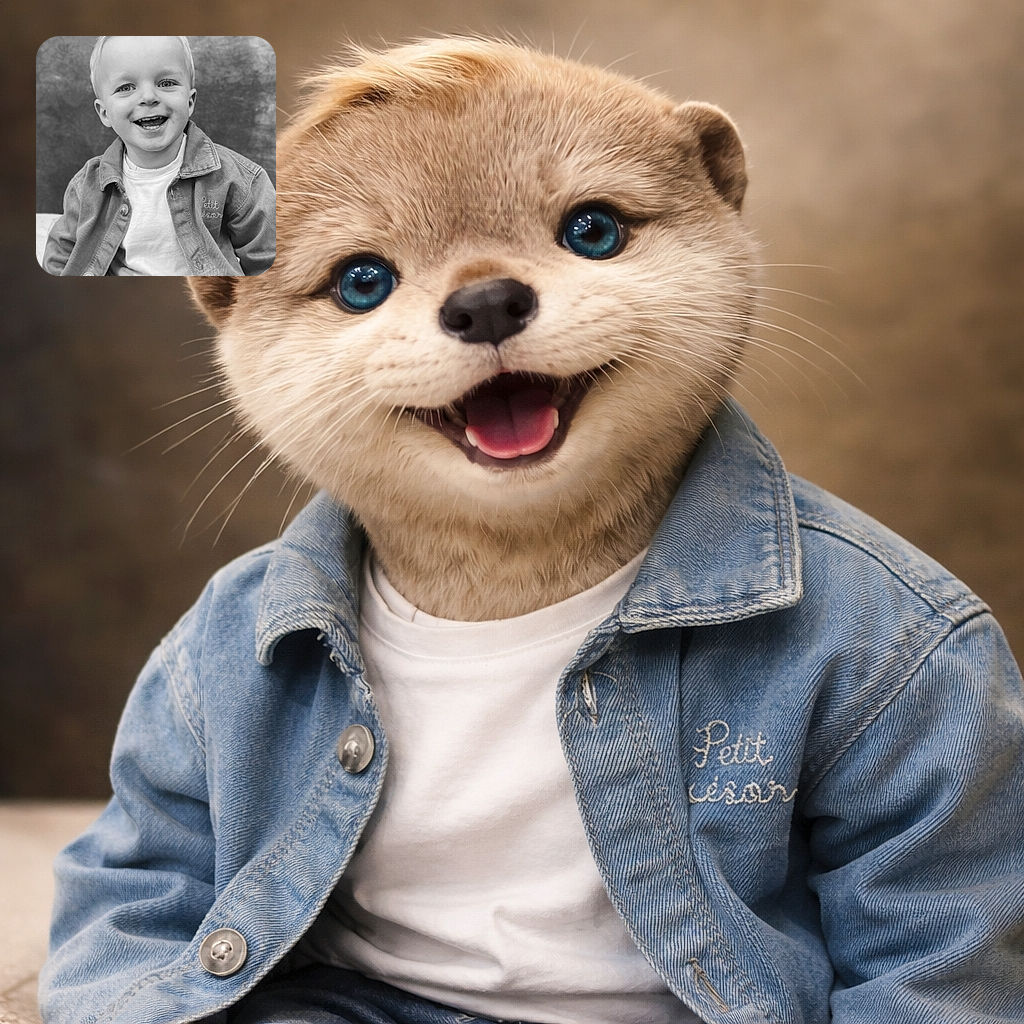 A cheerful young child with light hair beams brightly at the camera, wearing a casual jacket and white shirt. The black-and-white photo captures a joyful moment with a soft, textured background that adds a timeless feel.