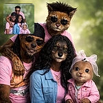 A cheerful family portrait where everyone looks camera-ready: two adults and a teen flank a delighted baby wearing a big mesh bow. The parents beam while one adult sports sunglasses and a durag, giving the shot a relaxed, stylish vibe against a soft green backdrop — like a warm group hug turned into a magazine cover.