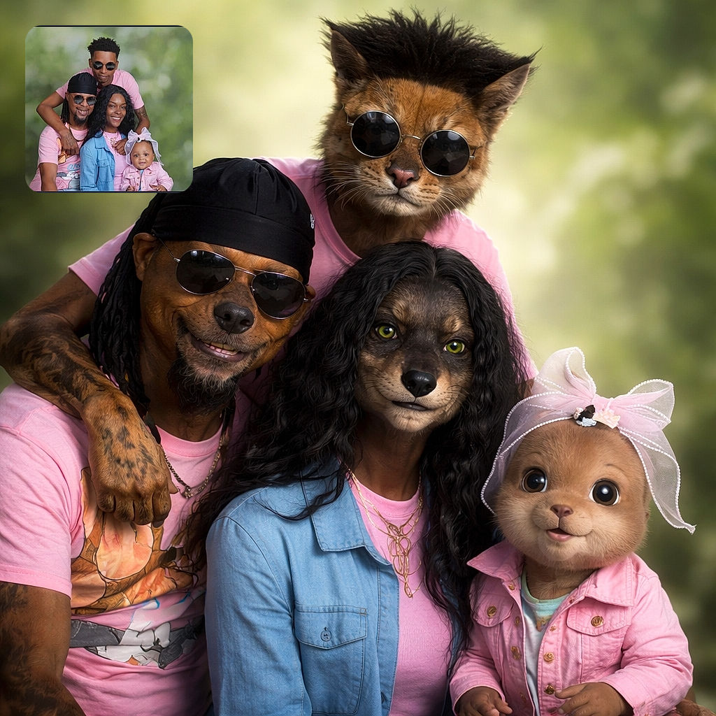 A cheerful family portrait where everyone looks camera-ready: two adults and a teen flank a delighted baby wearing a big mesh bow. The parents beam while one adult sports sunglasses and a durag, giving the shot a relaxed, stylish vibe against a soft green backdrop — like a warm group hug turned into a magazine cover.