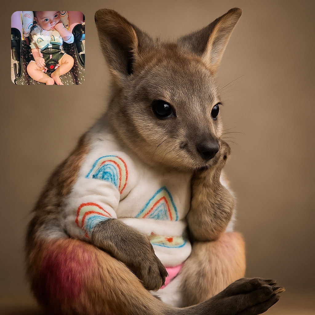 A thoughtful baby is snugly seated in a car seat with rainbow-patterned straps, gazing off with a curious expression and a fist resting near the mouth, surrounded by soft pastel colors and cozy textures.