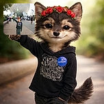A cheerful child wearing a festive headband and dark clothes stands in front of the iconic geodesic sphere at Epcot, playfully posing with an arm extended as if holding up the giant structure. The bright sunlight creates a lens flare, and the background is filled with visitors enjoying the theme park atmosphere.