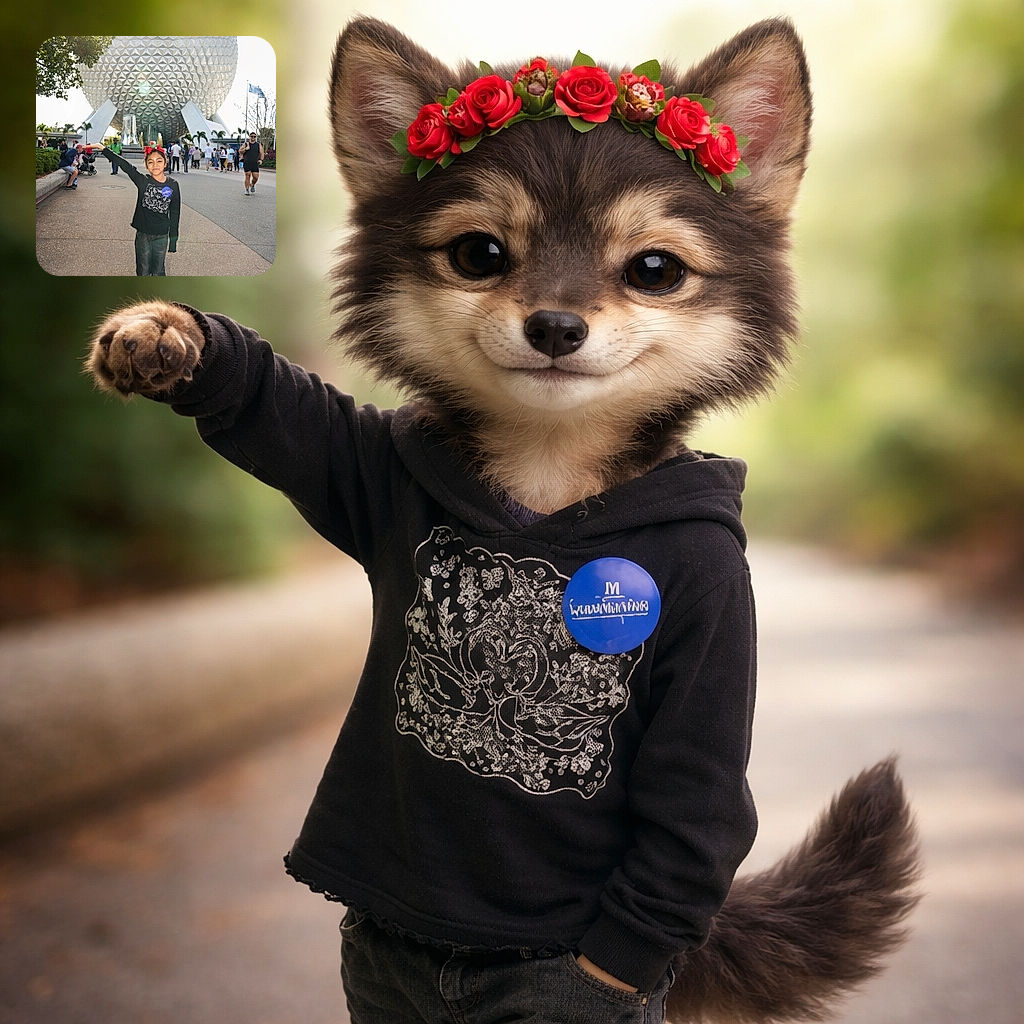 A cheerful child wearing a festive headband and dark clothes stands in front of the iconic geodesic sphere at Epcot, playfully posing with an arm extended as if holding up the giant structure. The bright sunlight creates a lens flare, and the background is filled with visitors enjoying the theme park atmosphere.