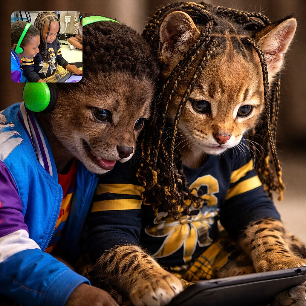 Three kids are immersed in their tablets, sporting colorful headphones like tiny DJs in a tech club, with one kid smiling brightly while the others focus intensely, all seated on a classroom floor surrounded by chairs and power outlets.