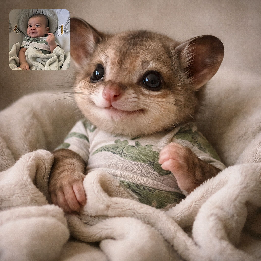 A smiling baby wrapped in a soft blanket, cozy in a cushioned baby carrier, looking up with a mischievous grin as if plotting their next adorable move.