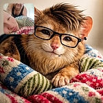 A cozy selfie: a young person snuggled under a colorful blanket pouts at the camera while a bearded, glasses-wearing friend leans over with a grin and a ceiling fan cameo in the background.