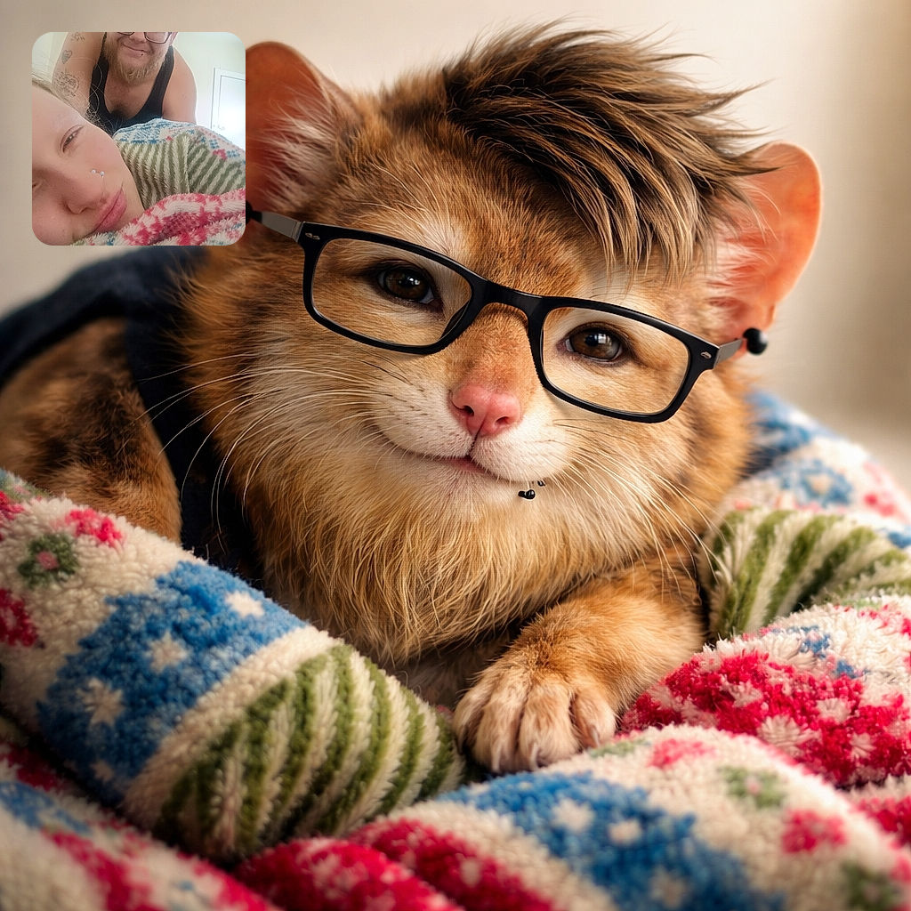 A cozy selfie: a young person snuggled under a colorful blanket pouts at the camera while a bearded, glasses-wearing friend leans over with a grin and a ceiling fan cameo in the background.