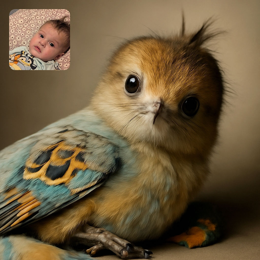 A wide-eyed baby with a slightly tousled hairdo lies on a floral-patterned pillow, gazing curiously at the camera while wearing a colorful cartoon-themed shirt.