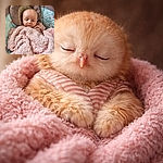 A peaceful baby wrapped snugly in a fluffy pink blanket, sleeping soundly in a cushioned seat with a pastel patterned background. The serene expression and soft textures create a heartwarming cozy scene.