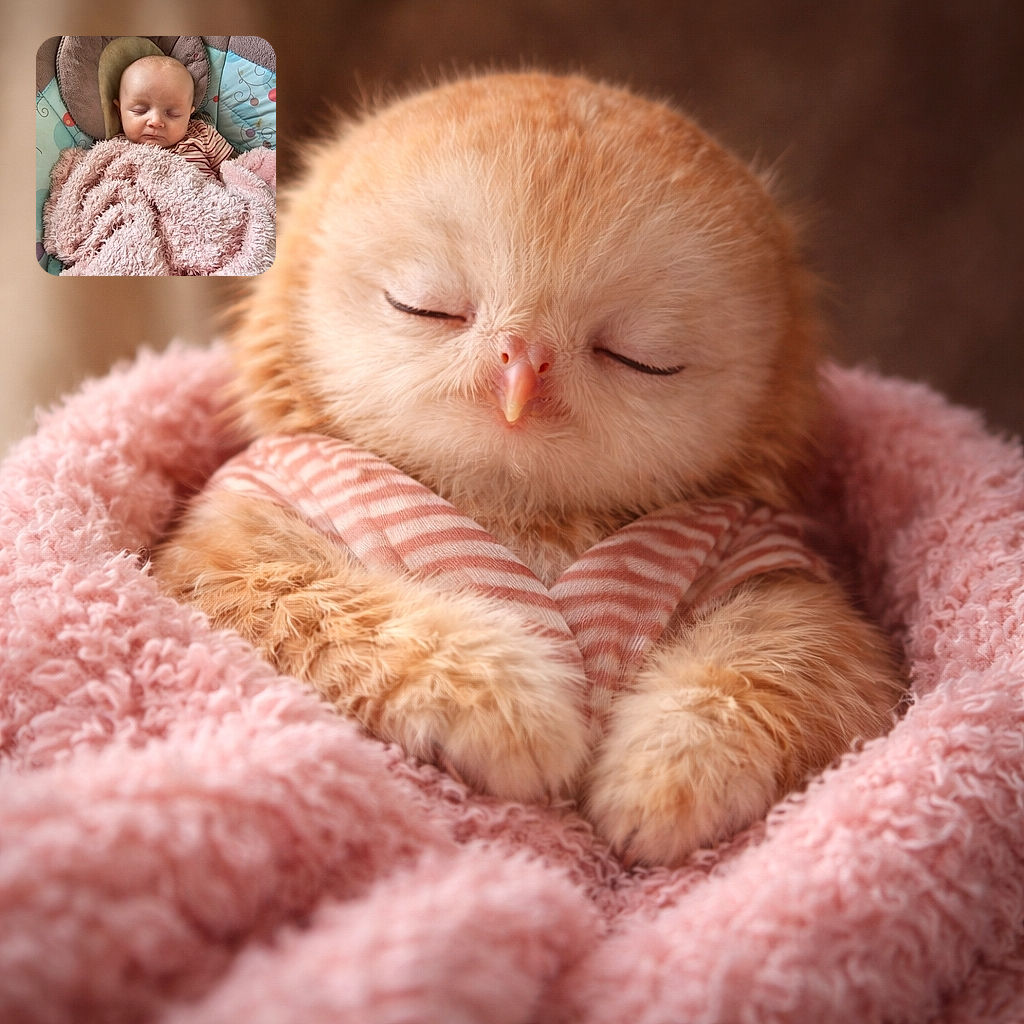 A peaceful baby wrapped snugly in a fluffy pink blanket, sleeping soundly in a cushioned seat with a pastel patterned background. The serene expression and soft textures create a heartwarming cozy scene.