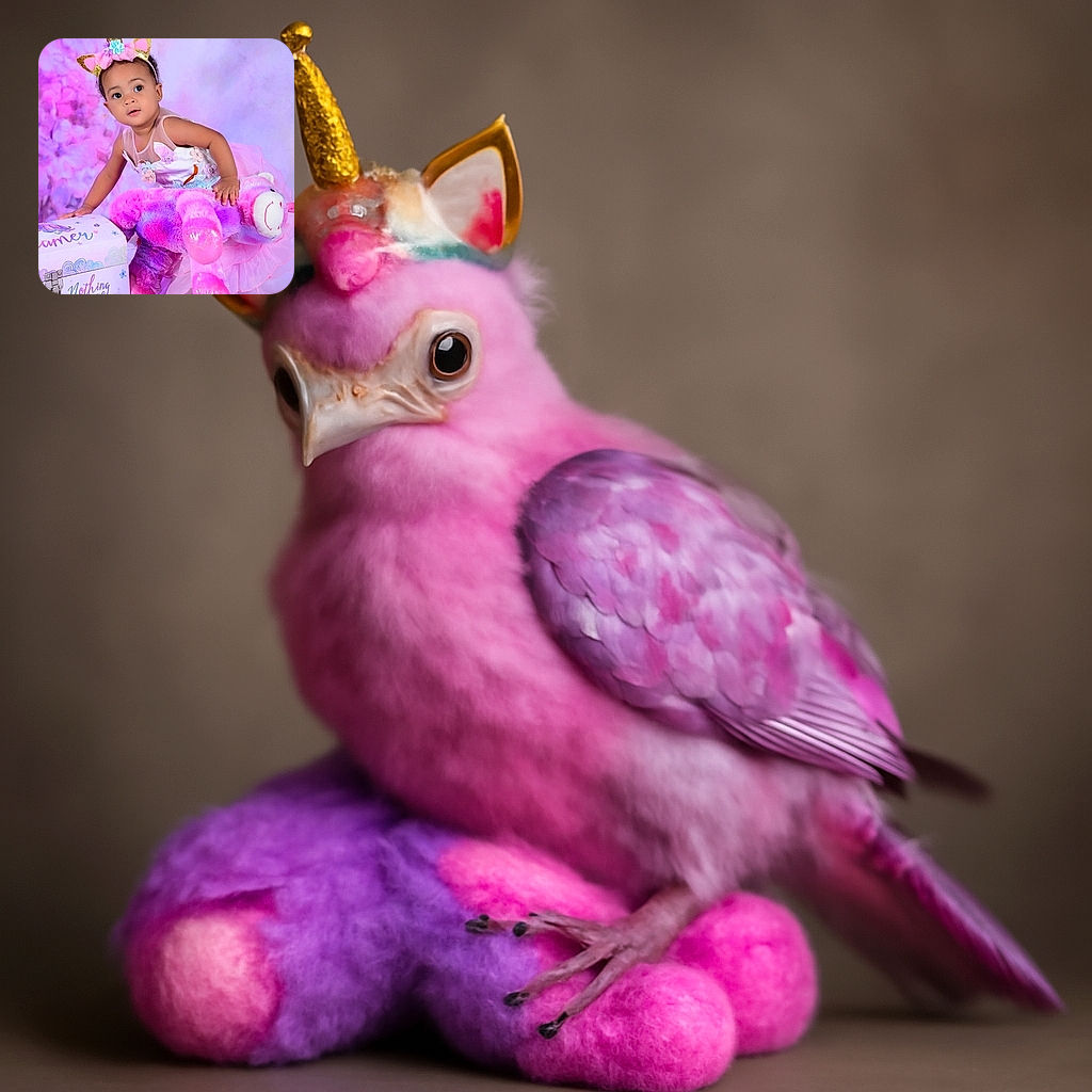 A charming toddler dressed in a pastel pink dress and a golden unicorn headband is caught mid-action holding a large, colorful stuffed bear. The background is a soft blend of purple and pink hues, creating a dreamy, whimsical atmosphere. Nearby, a decorative box with the inspiring phrase 'Nothing is Impossible' adds a magical touch to the scene.