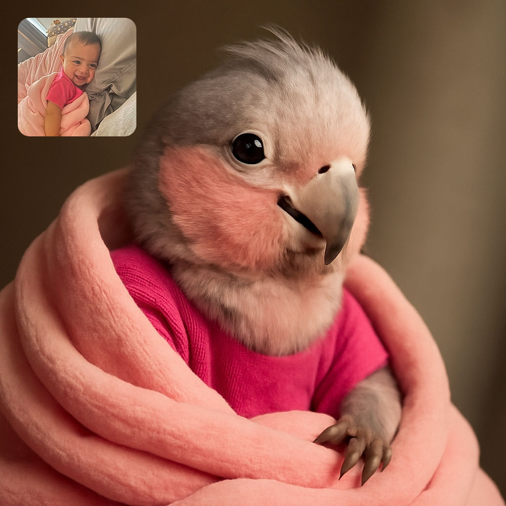 A joyful baby wrapped in a soft pink blanket, grinning widely while nestled comfortably against a gray pillow, with cozy home surroundings gently blurred in the background.