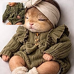 A peaceful baby dressed in a cozy green knitted outfit with ruffles and buttons, wearing a beige headband with a bow, soundly sleeping against a plain white background. The softness of the baby's skin and the delicate textures of the clothing create a warm, tender atmosphere.