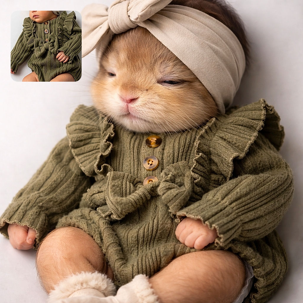 A peaceful baby dressed in a cozy green knitted outfit with ruffles and buttons, wearing a beige headband with a bow, soundly sleeping against a plain white background. The softness of the baby's skin and the delicate textures of the clothing create a warm, tender atmosphere.