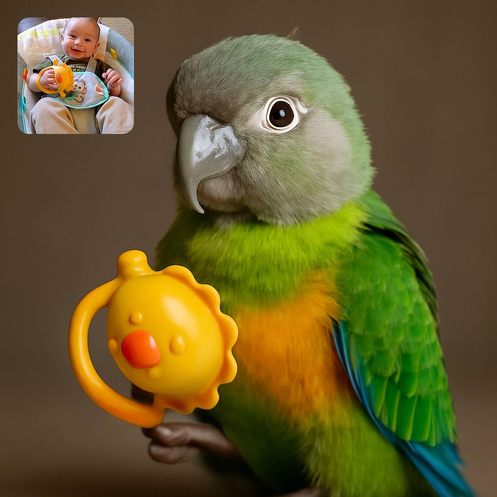 A cheerful baby is comfortably seated in a cushioned baby chair, holding a bright yellow lion-shaped toy with a big smile and sparkling eyes, surrounded by soft pastel colors and a cozy home setting.