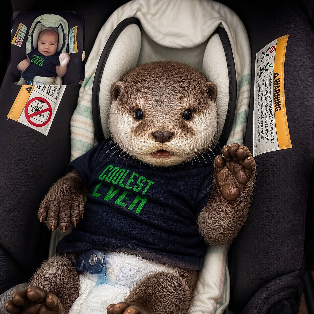 A cheerful baby relaxes in a padded car seat, waving tiny fists like a champion boxer while proudly sporting a “coolest kid” outfit. Warning labels flank the seat like serious safety officials overseeing this adorable passenger.