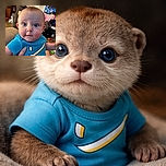 A close-up photo of a wide-eyed baby wearing a blue shirt with a swoosh design, held gently by an adult hand, with a cozy living room background full of colorful toys and furniture.