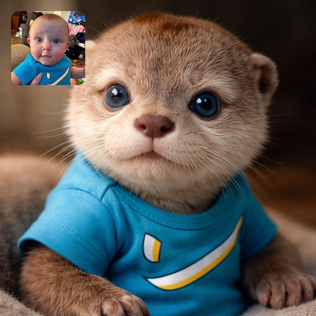 A close-up photo of a wide-eyed baby wearing a blue shirt with a swoosh design, held gently by an adult hand, with a cozy living room background full of colorful toys and furniture.