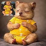A peacefully sleeping baby dressed in a bright yellow onesie with playful white patterns, resting comfortably on someone's lap. The baby looks serene and cozy, with tiny hands gently placed on the chest and little feet relaxed. The background shows a worn blue bench and some bags, adding a casual, candid vibe to the photo.