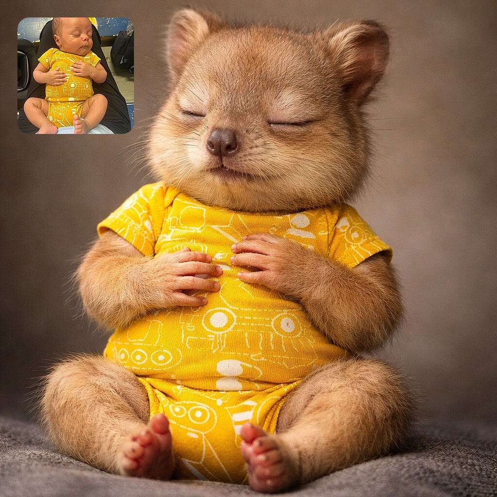 A peacefully sleeping baby dressed in a bright yellow onesie with playful white patterns, resting comfortably on someone's lap. The baby looks serene and cozy, with tiny hands gently placed on the chest and little feet relaxed. The background shows a worn blue bench and some bags, adding a casual, candid vibe to the photo.