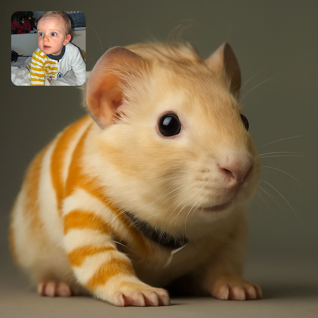 A curious toddler in a cozy yellow and white striped outfit crawls on a bed, eyes wide with wonder, surrounded by festive holiday decorations including a Christmas tree with big red bows and snowflake ornaments in the background.