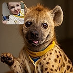 A close-up of a playful toddler sticking out their tongue with wide curious eyes, wearing a cozy white outfit with yellow trim and a cute bear illustration, set against a cluttered indoor background.