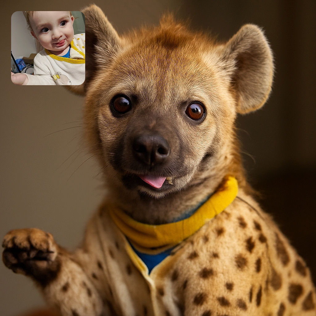 A close-up of a playful toddler sticking out their tongue with wide curious eyes, wearing a cozy white outfit with yellow trim and a cute bear illustration, set against a cluttered indoor background.