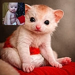 A curious diapered baby gazes at the camera with a slightly puzzled expression like it's judging your life choices. The child sits against wood-paneled walls and a black curtain with a silver spiderweb pattern, propped up by a tattooed adult arm while a red blanket puddles beneath them.