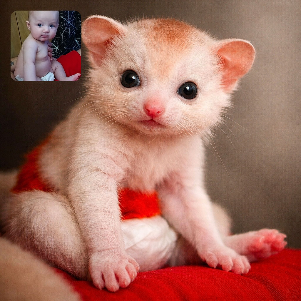 A curious diapered baby gazes at the camera with a slightly puzzled expression like it's judging your life choices. The child sits against wood-paneled walls and a black curtain with a silver spiderweb pattern, propped up by a tattooed adult arm while a red blanket puddles beneath them.