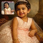 A joyful toddler dressed in a delicate pink lace dress is sitting on a grey couch, smiling brightly with a festive pink and silver backdrop behind her. Her playful expression and slight blur of her hand holding a small object add a lively and candid charm to the photo.