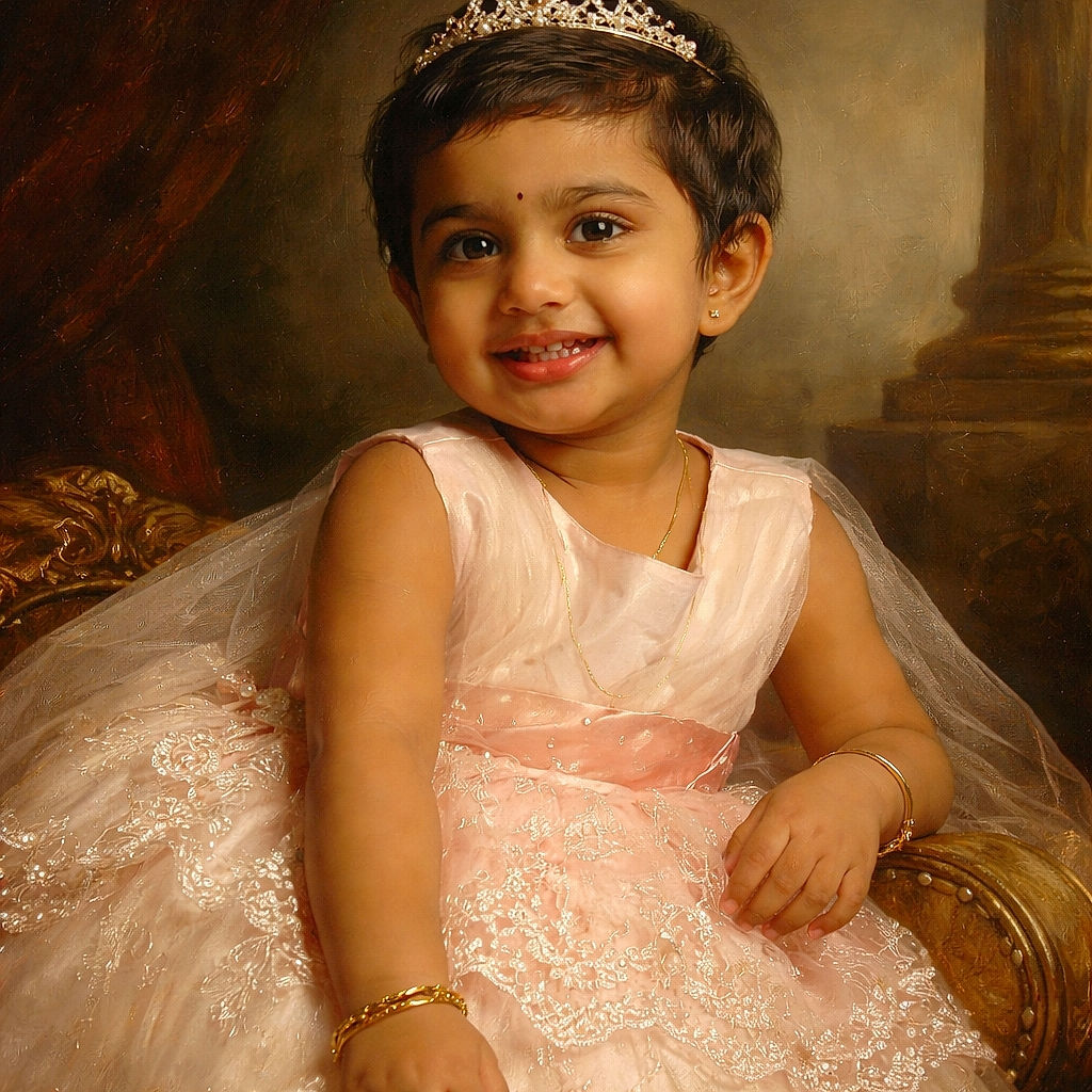 A joyful toddler dressed in a delicate pink lace dress is sitting on a grey couch, smiling brightly with a festive pink and silver backdrop behind her. Her playful expression and slight blur of her hand holding a small object add a lively and candid charm to the photo.
