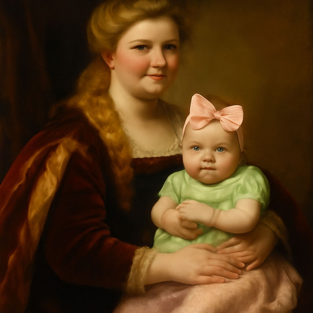 A cozy moment captured with a woman holding a baby dressed in pastel colors and a big pink bow, sitting on a plaid blanket near a plain wall with warm natural light.